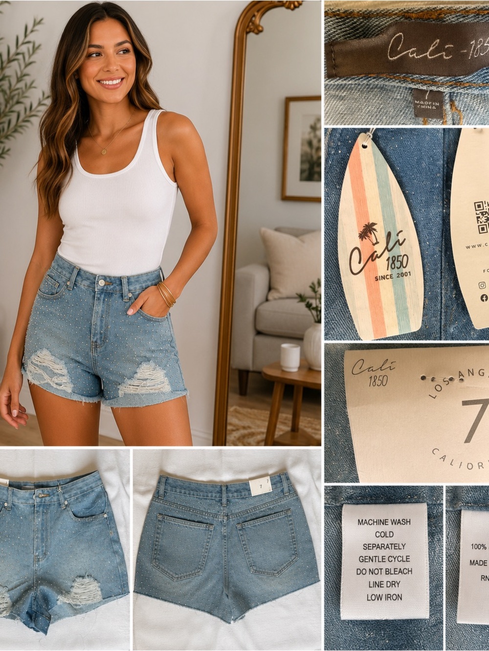 NWT Cali 1850 Rhinestone Distressed Denim Shorts Size 7 Light Wash